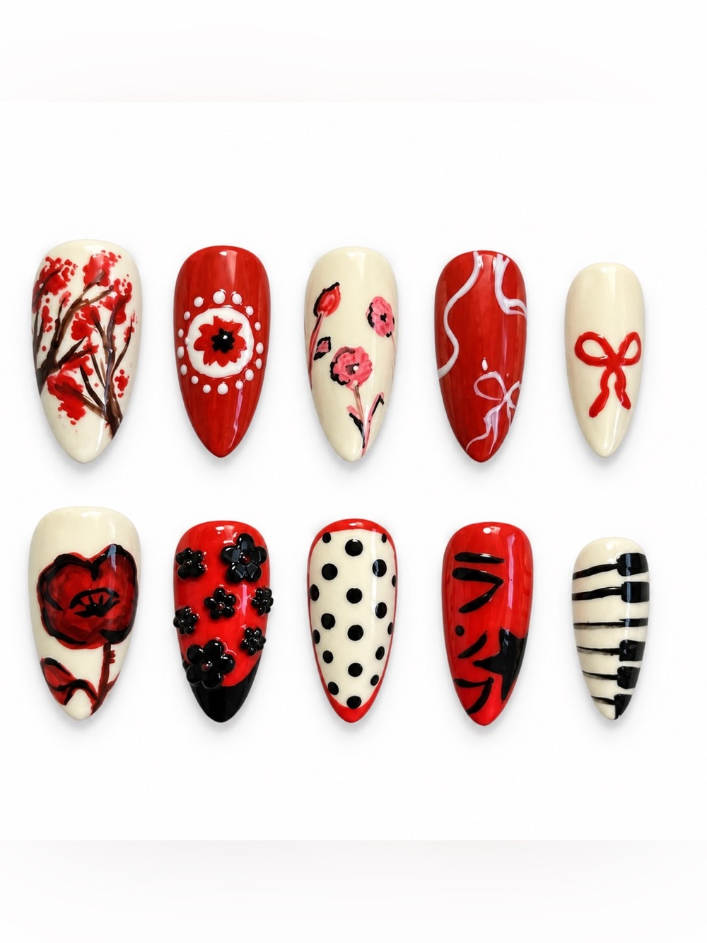 Handmade Lamp Band Inspired Red and Cream Floral & Polka Dot Press-On Nail Set